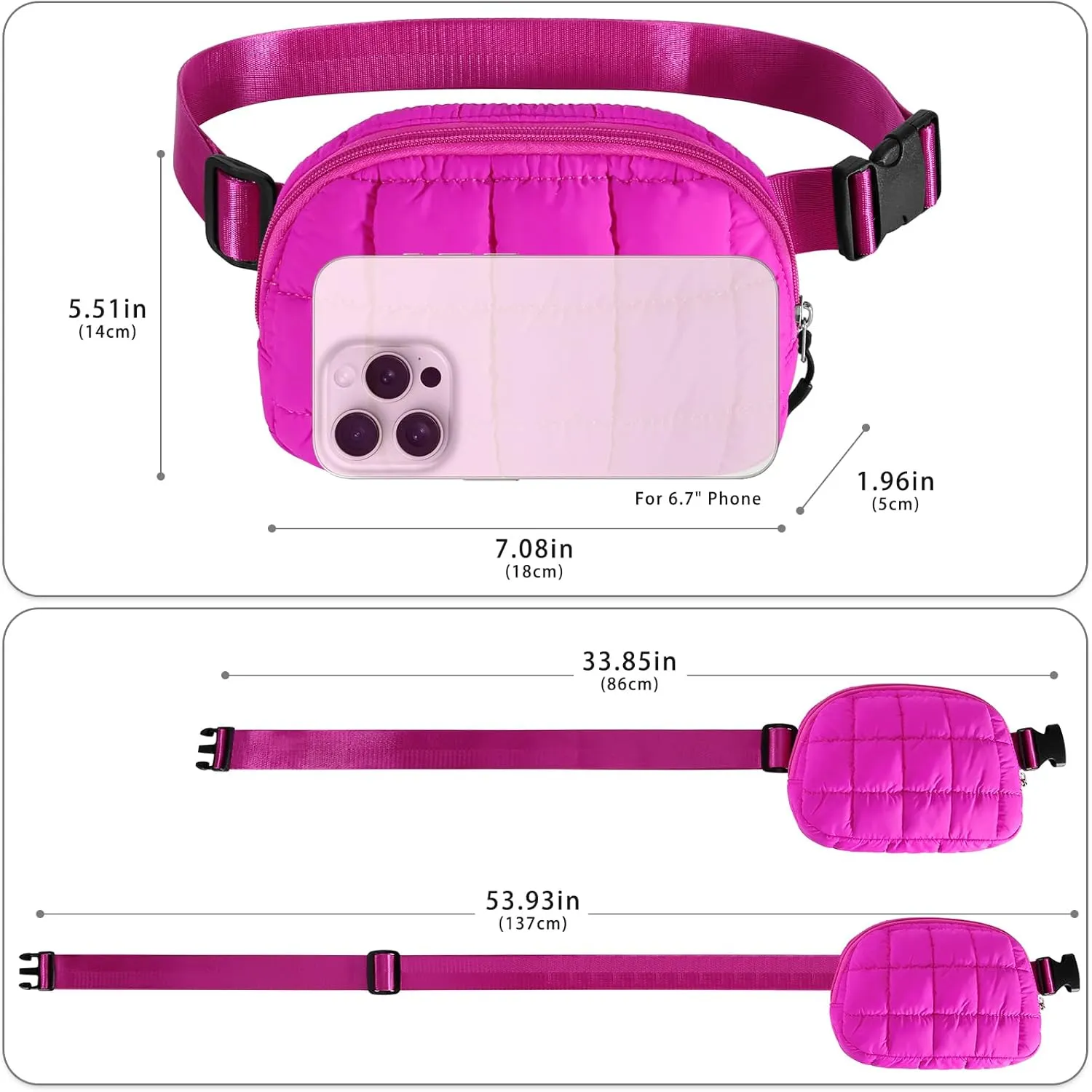 DOB SECHS Small Puffer Waist Bag for Women Crossbody Belt Bag Quilted Fanny Pack Cross Body with Adjustable Straps Lightweight Sling Bag, Hot Pink