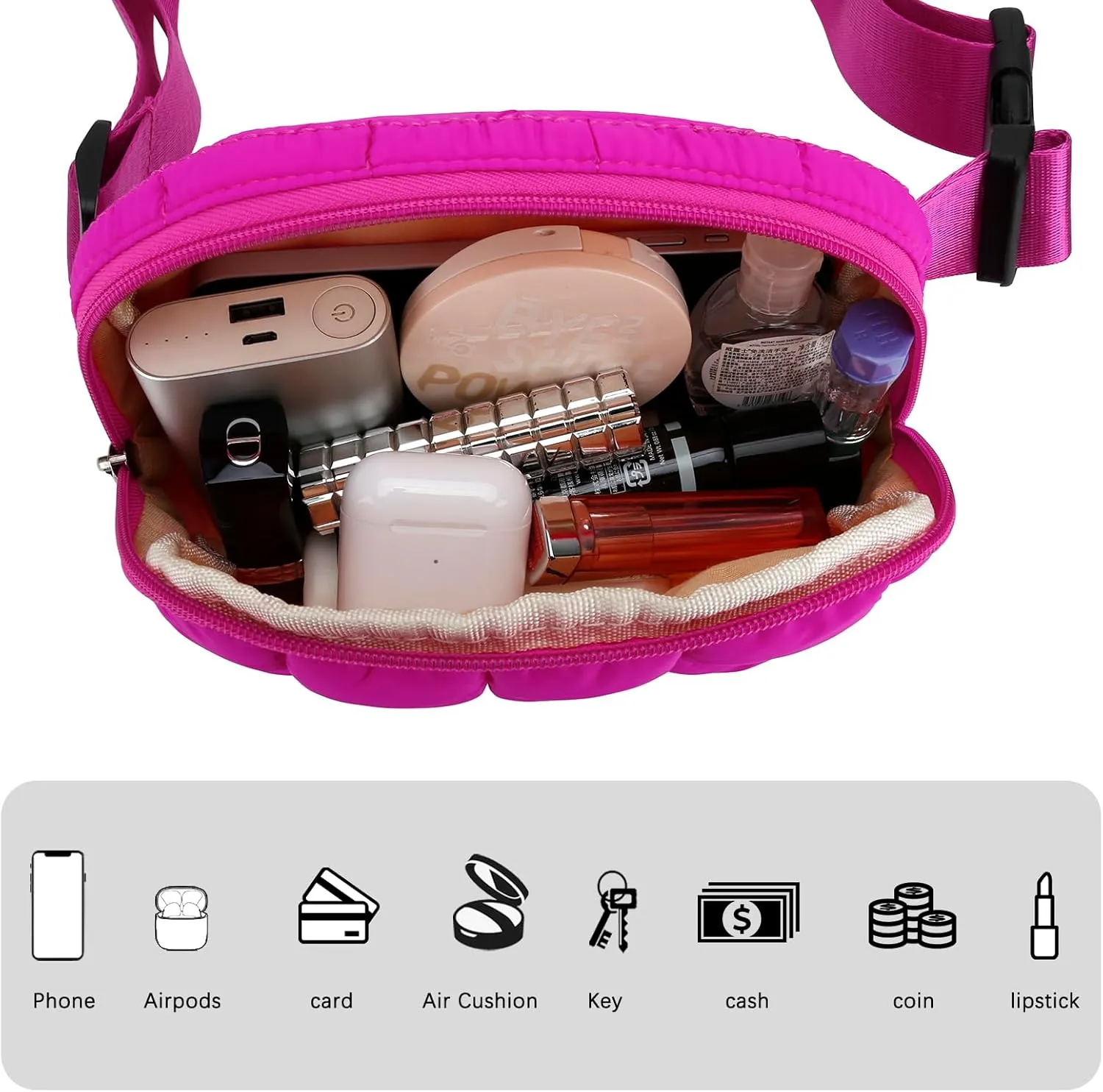 DOB SECHS Small Puffer Waist Bag for Women Crossbody Belt Bag Quilted Fanny Pack Cross Body with Adjustable Straps Lightweight Sling Bag, Hot Pink