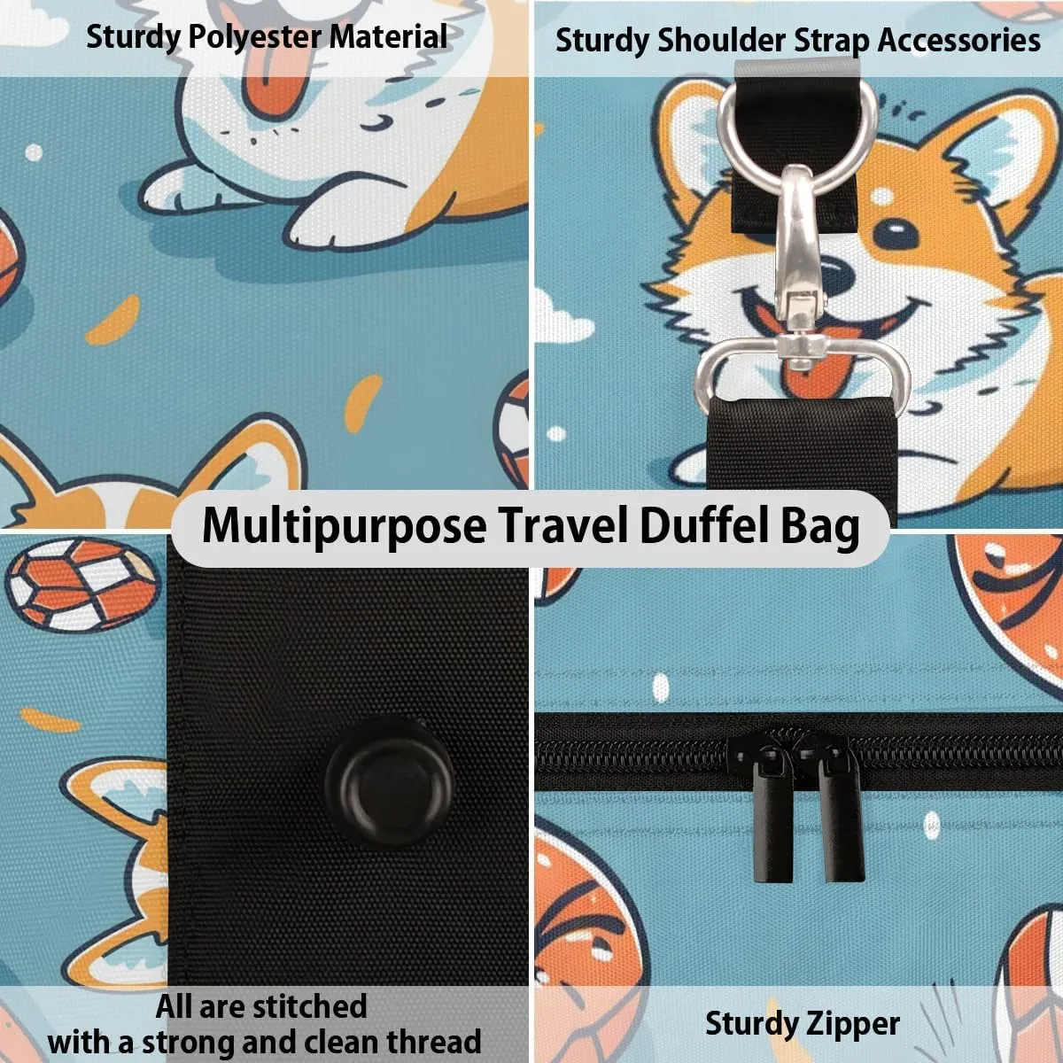 Dogs Travel Duffel Bag for Women Men Corgi Waterproof Foldable Overnight Weekender Bag Large Capacity Sports Gym Bag