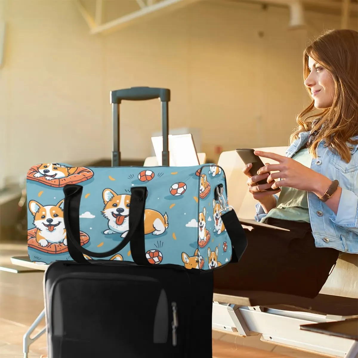 Dogs Travel Duffel Bag for Women Men Corgi Waterproof Foldable Overnight Weekender Bag Large Capacity Sports Gym Bag