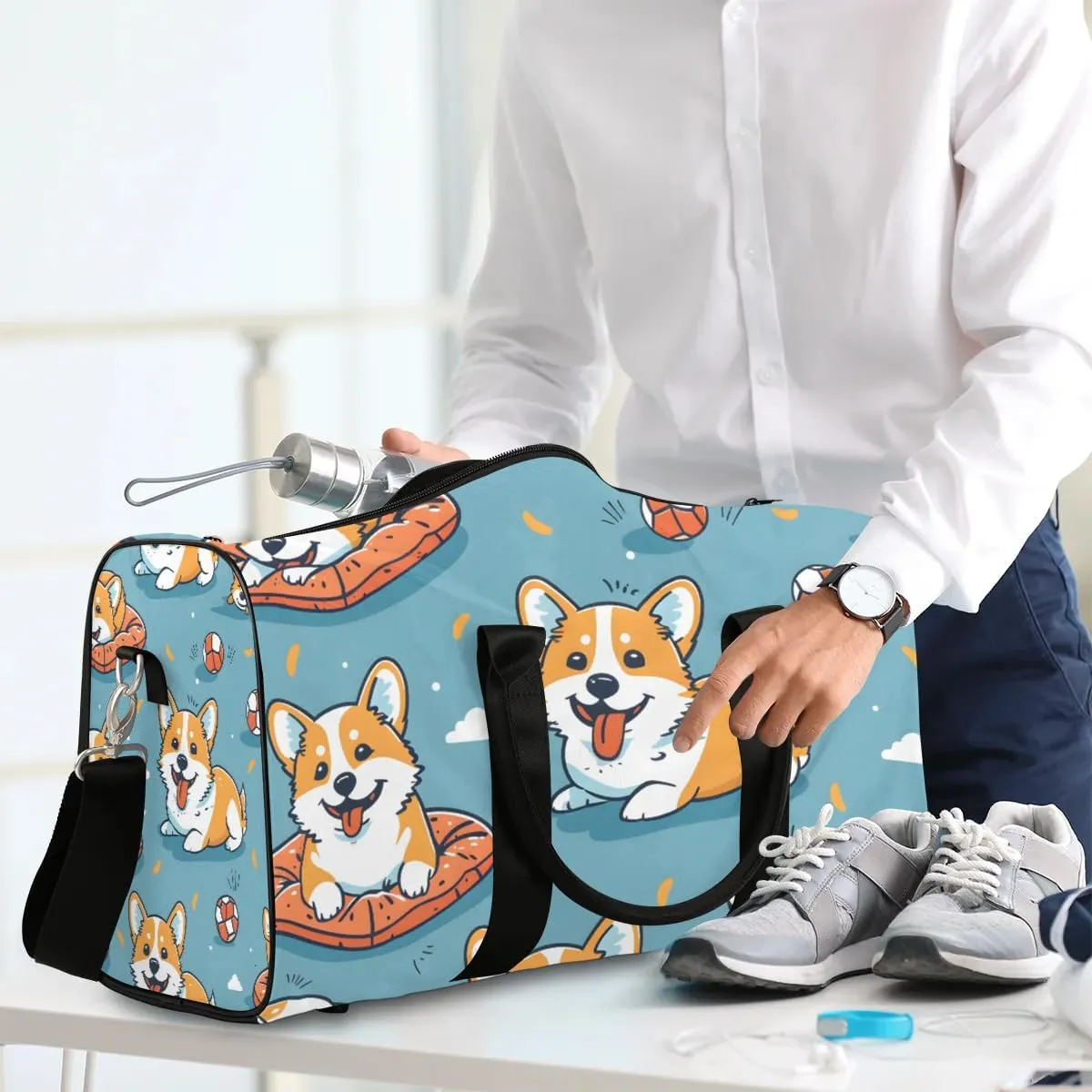 Dogs Travel Duffel Bag for Women Men Corgi Waterproof Foldable Overnight Weekender Bag Large Capacity Sports Gym Bag
