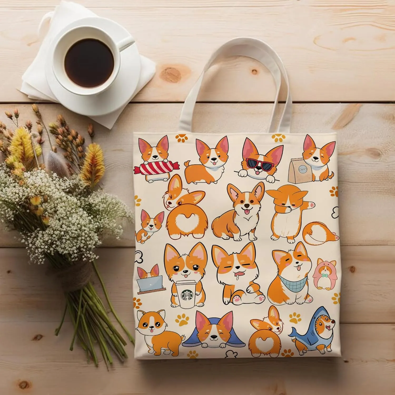 DOOX Corgi Tote Bag, Corgi Gifts for Lovers, Canvas Reusable Shopping Bag Gift Bag Birthday Christmas for Women