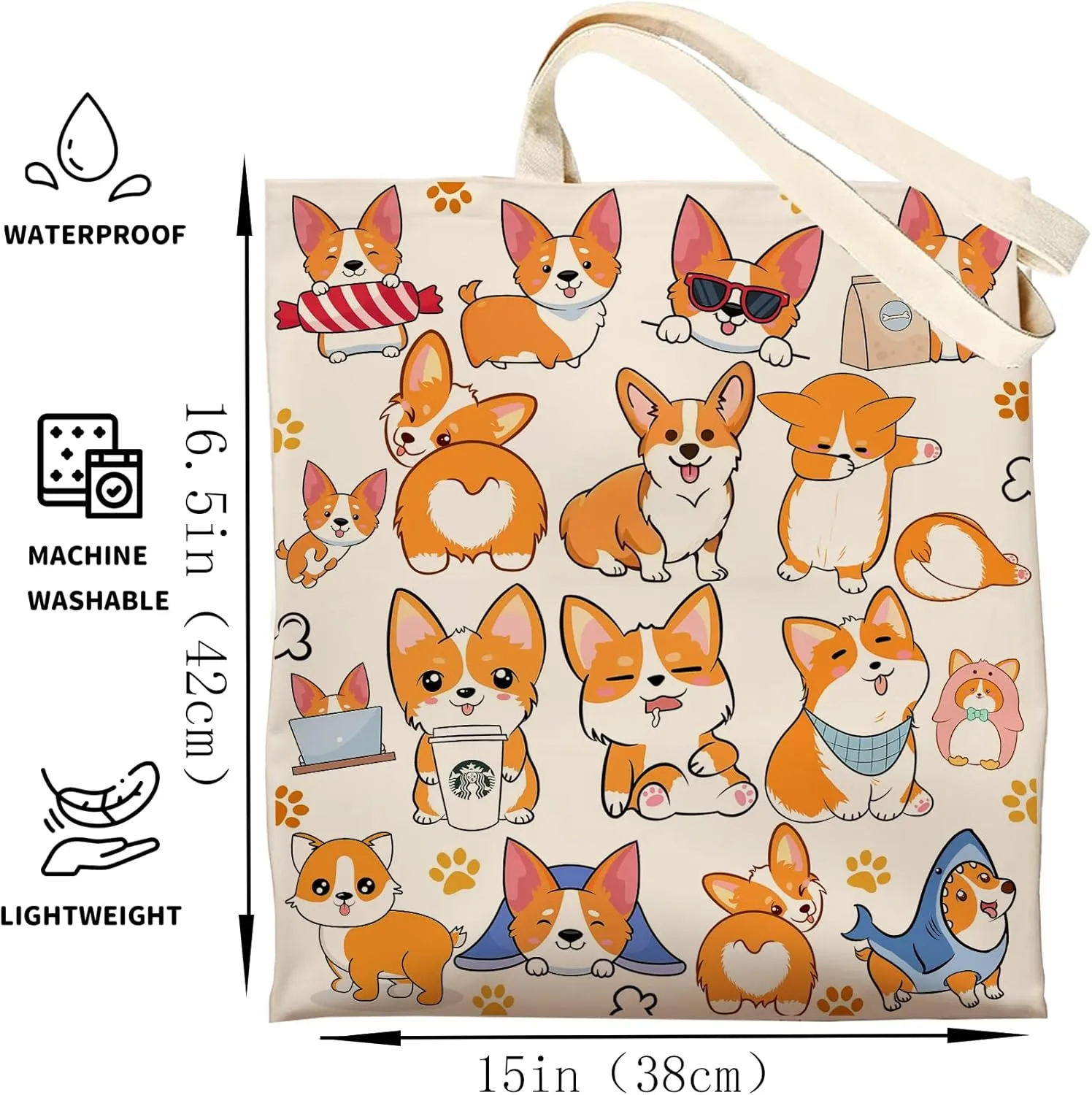 DOOX Corgi Tote Bag, Corgi Gifts for Lovers, Canvas Reusable Shopping Bag Gift Bag Birthday Christmas for Women