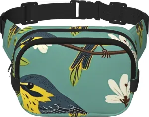 Double Layer Waist Bag for Men & Women,Adjustable Waterproof Running Belt,Multi-Functional Fanny Pack with Wild Warbler Pattern Print for Travel,Hiking,Fitness