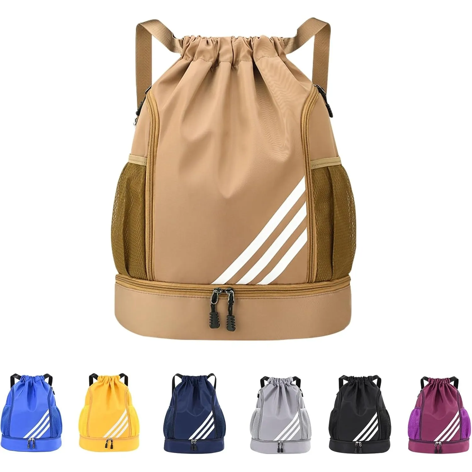 Drasry Drawstring Backpack Resistant String Bag Swimming Gym Sports with Compartment Side Mesh Pockets for Women Men