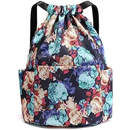 Drasry Drawstring Backpack Resistant String Bag Swimming Gym Sports with Compartment Side Mesh Pockets for Women Men