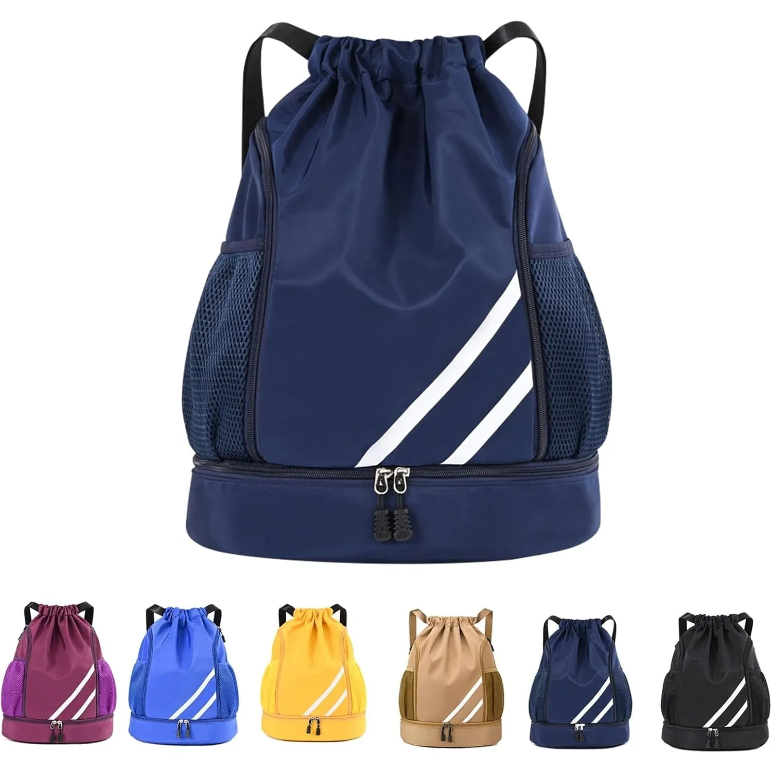 Drasry Drawstring Backpack Resistant String Bag Swimming Gym Sports with Compartment Side Mesh Pockets for Women Men