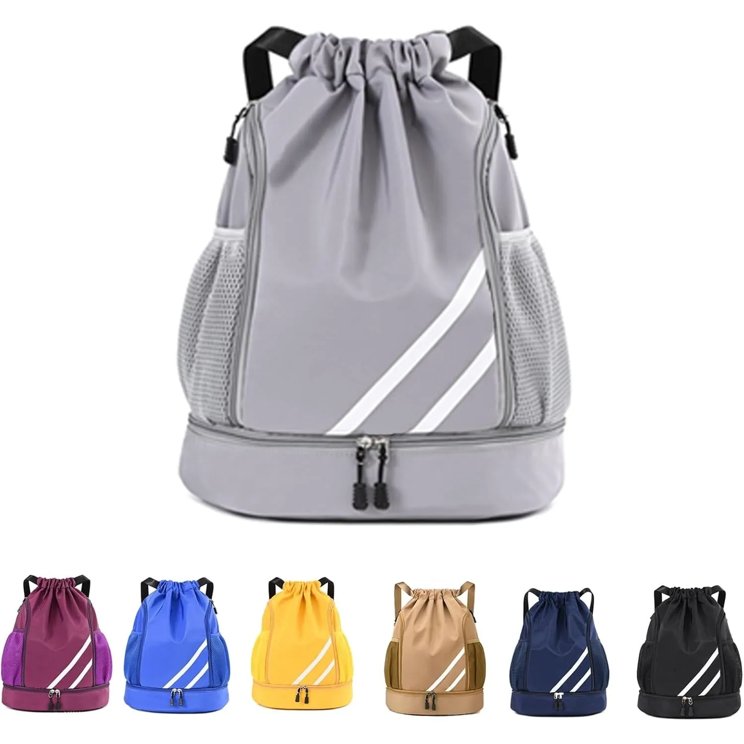 Drasry Drawstring Backpack Resistant String Bag Swimming Gym Sports with Compartment Side Mesh Pockets for Women Men