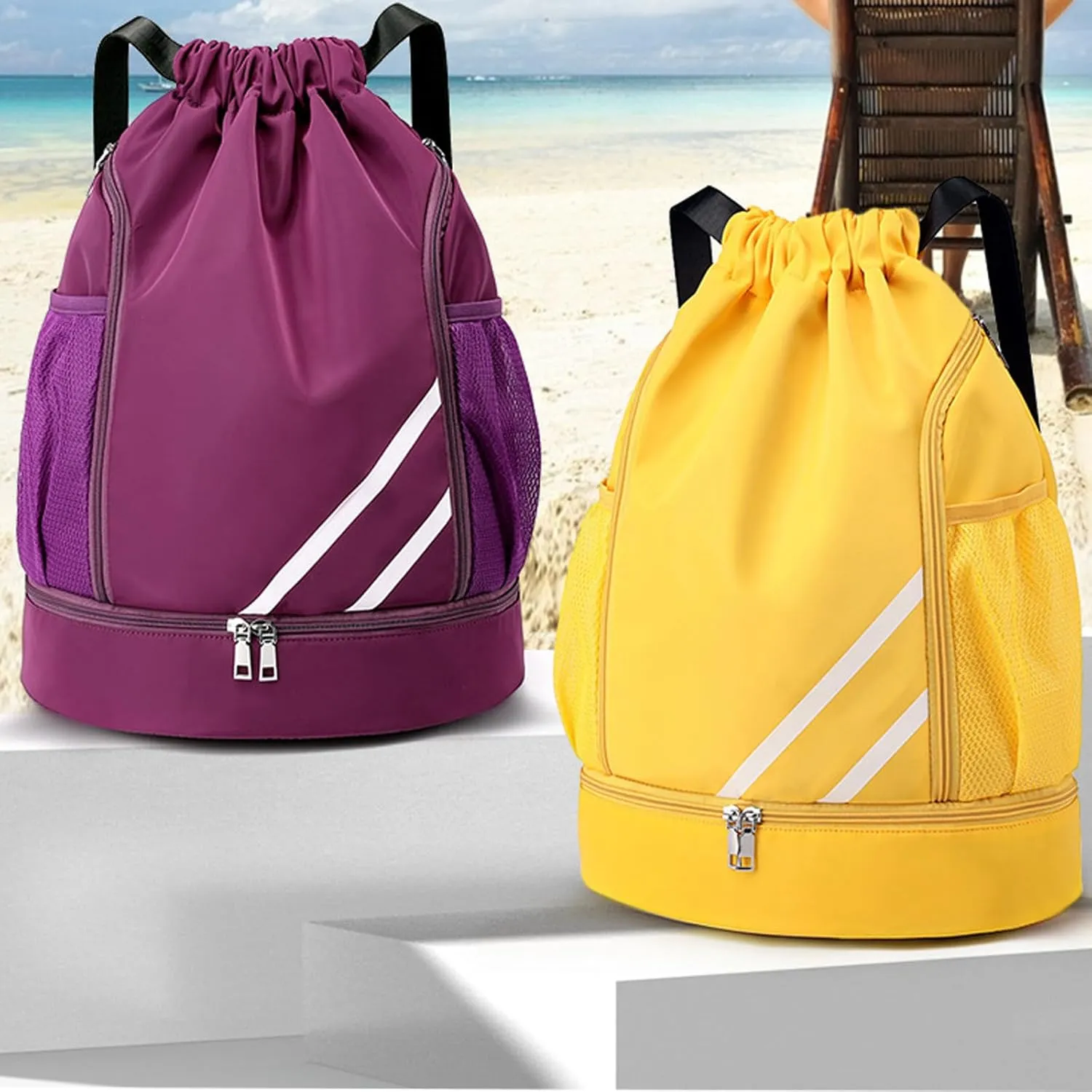 Drasry Drawstring Backpack Resistant String Bag Swimming Gym Sports with Compartment Side Mesh Pockets for Women Men