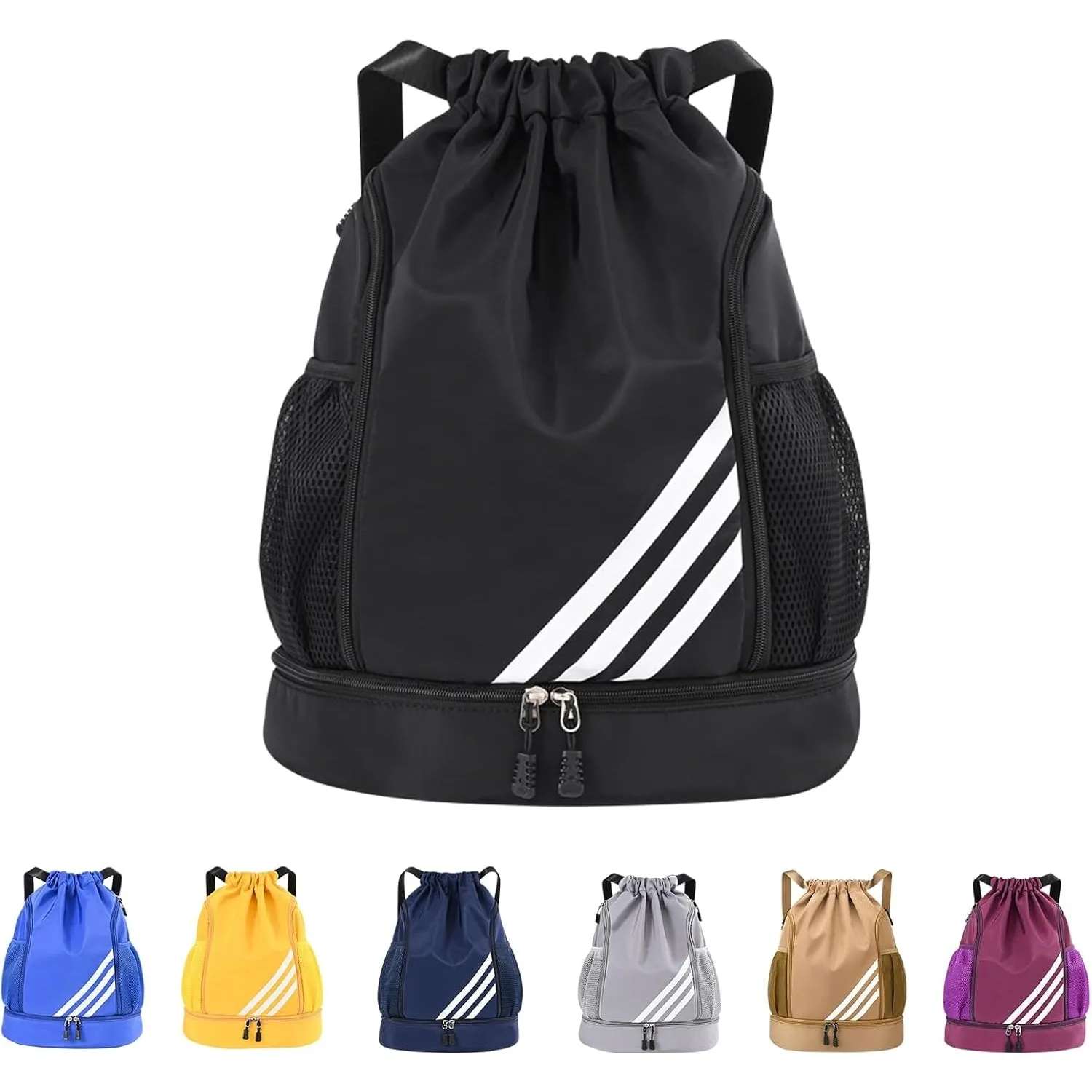 Drasry Drawstring Backpack Resistant String Bag Swimming Gym Sports with Compartment Side Mesh Pockets for Women Men
