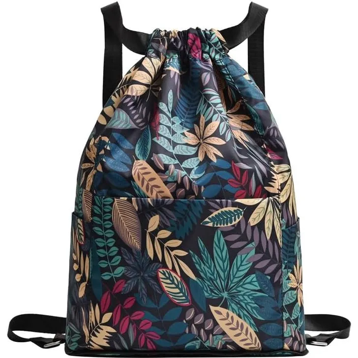 Drasry Drawstring Backpack Resistant String Bag Swimming Gym Sports with Compartment Side Mesh Pockets for Women Men