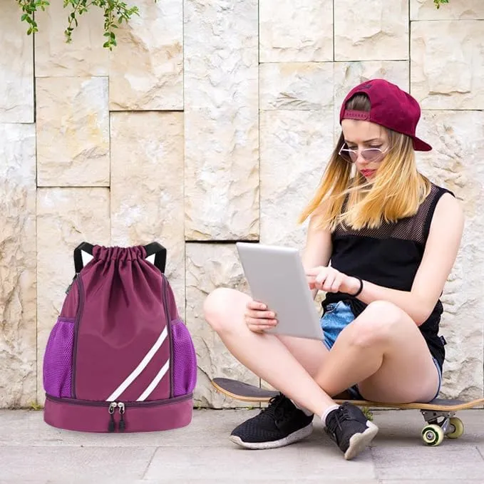 Drasry Drawstring Backpack Resistant String Bag Swimming Gym Sports with Compartment Side Mesh Pockets for Women Men
