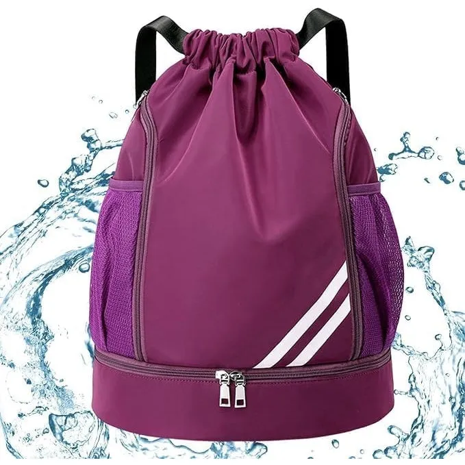 Drasry Drawstring Backpack Resistant String Bag Swimming Gym Sports with Compartment Side Mesh Pockets for Women Men