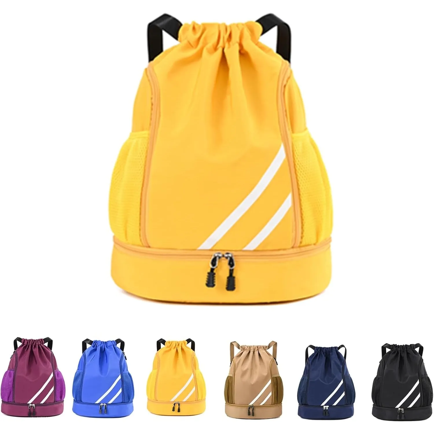 Drasry Drawstring Backpack Resistant String Bag Swimming Gym Sports with Compartment Side Mesh Pockets for Women Men