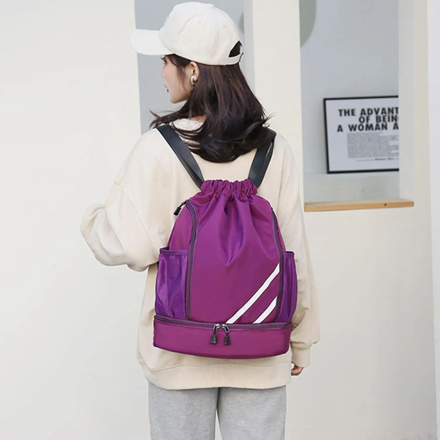 Drasry Drawstring Backpack Resistant String Bag Swimming Gym Sports with Compartment Side Mesh Pockets for Women Men