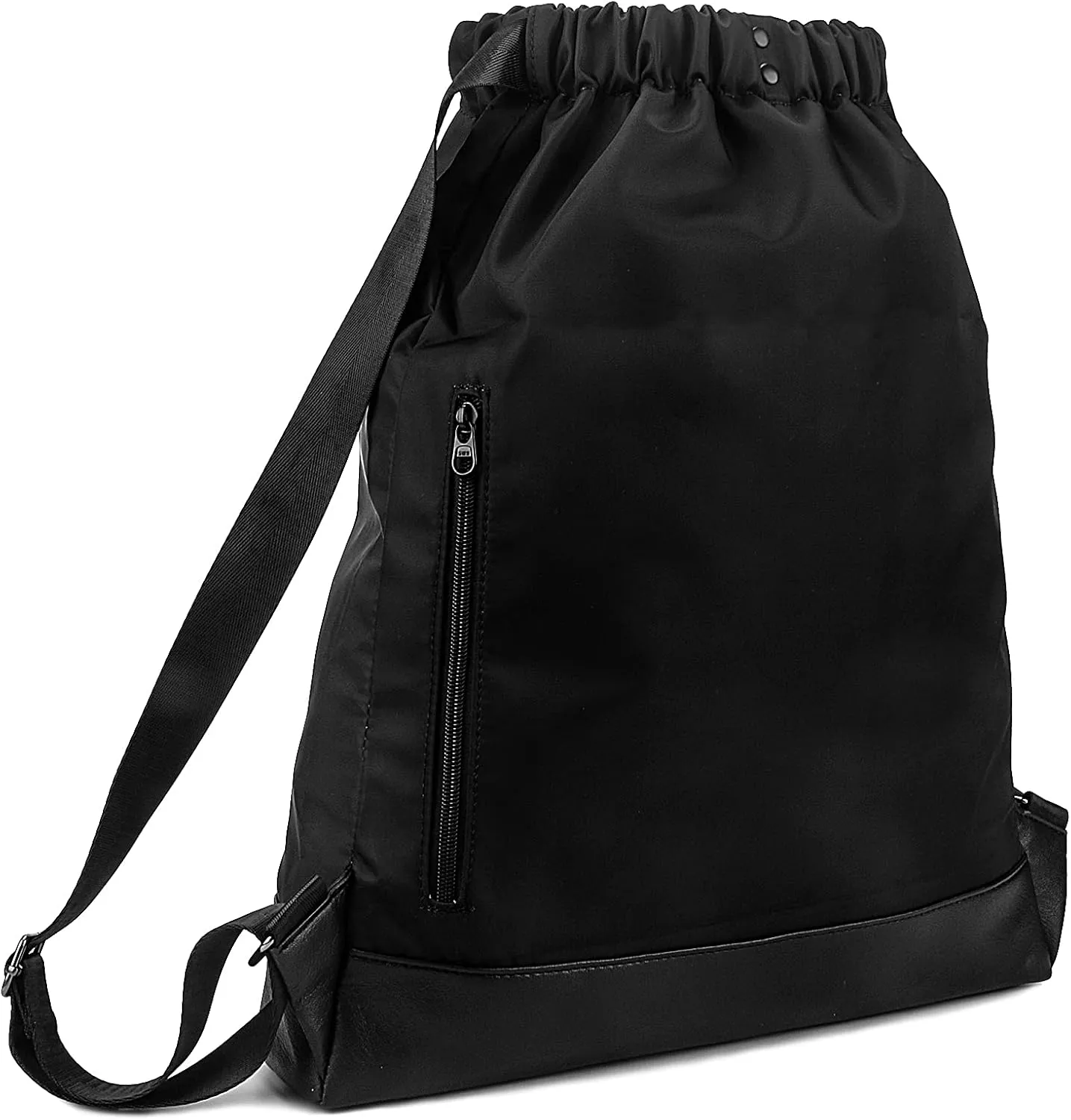 Drawstring Backpack Bag Sport Gym Sackpack，With Zipper Pocket and Reinforced Bottom (Black)