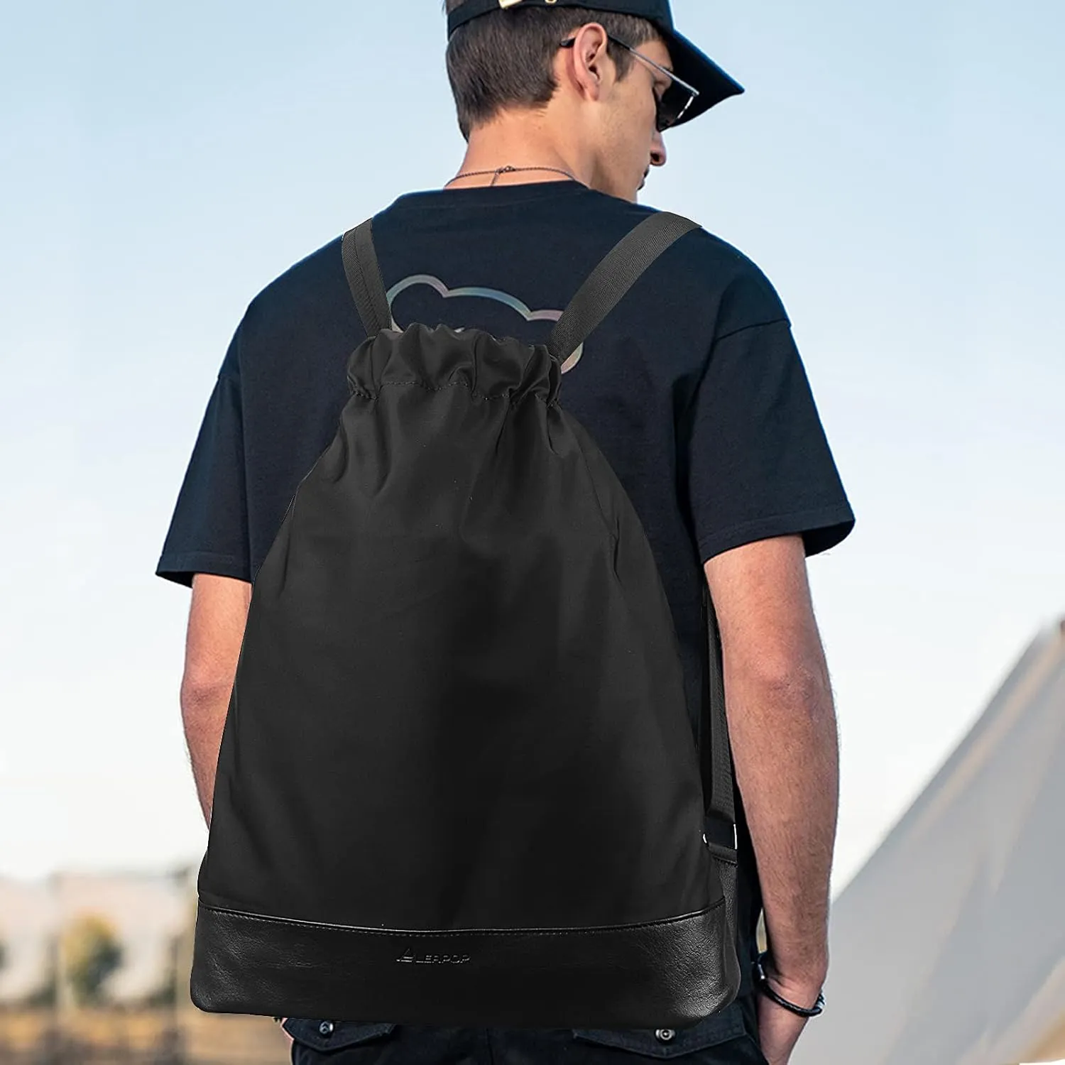 Drawstring Backpack Bag Sport Gym Sackpack，With Zipper Pocket and Reinforced Bottom (Black)