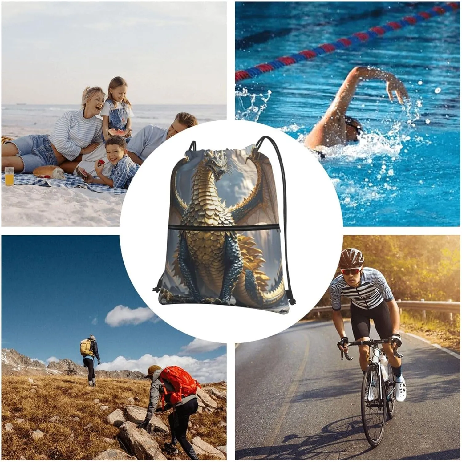 Drawstring Backpack Resistant Sackpack Dragon Purple Moon Sports Gym Bag String Bag for Women Men