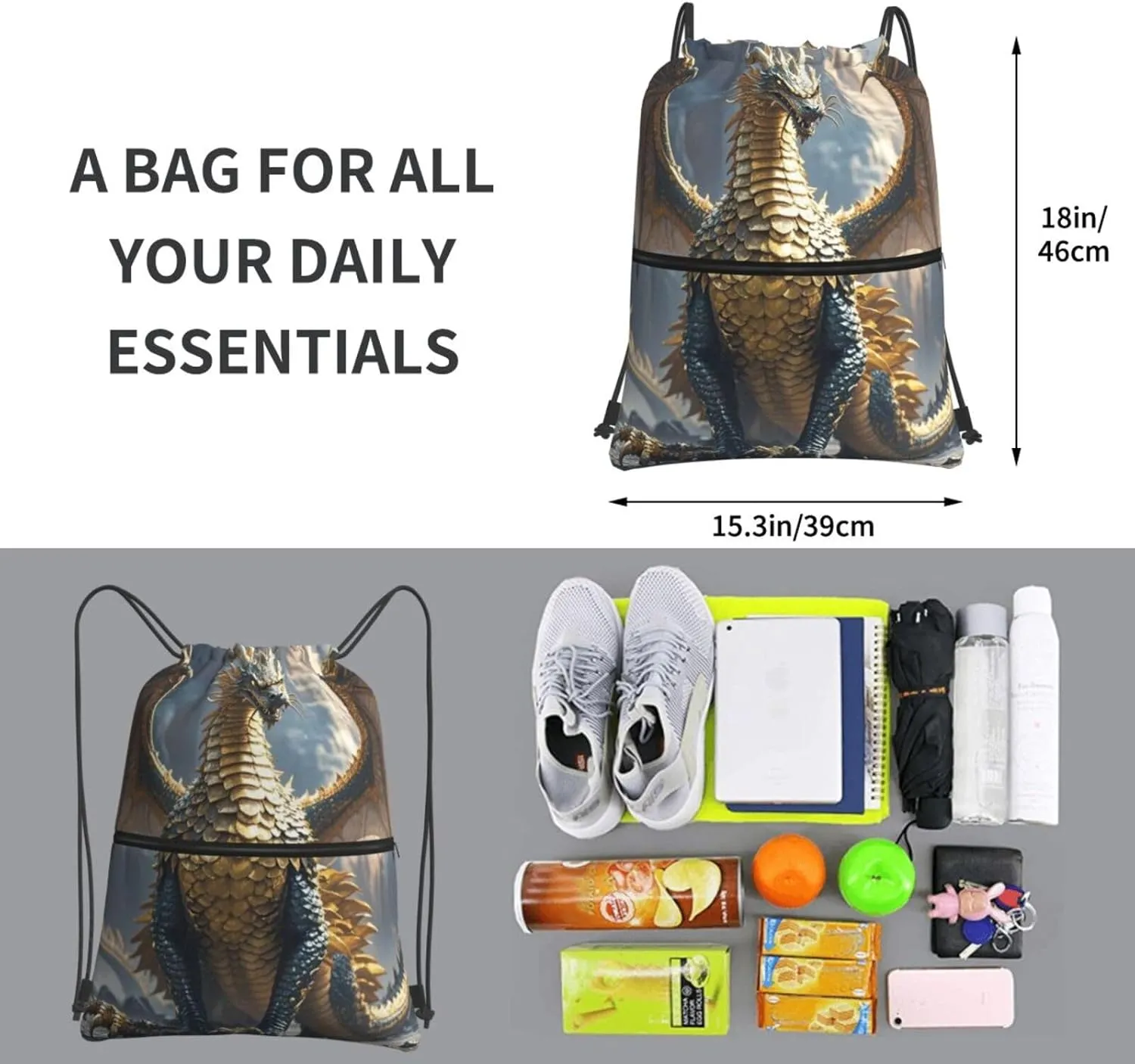 Drawstring Backpack Resistant Sackpack Dragon Purple Moon Sports Gym Bag String Bag for Women Men