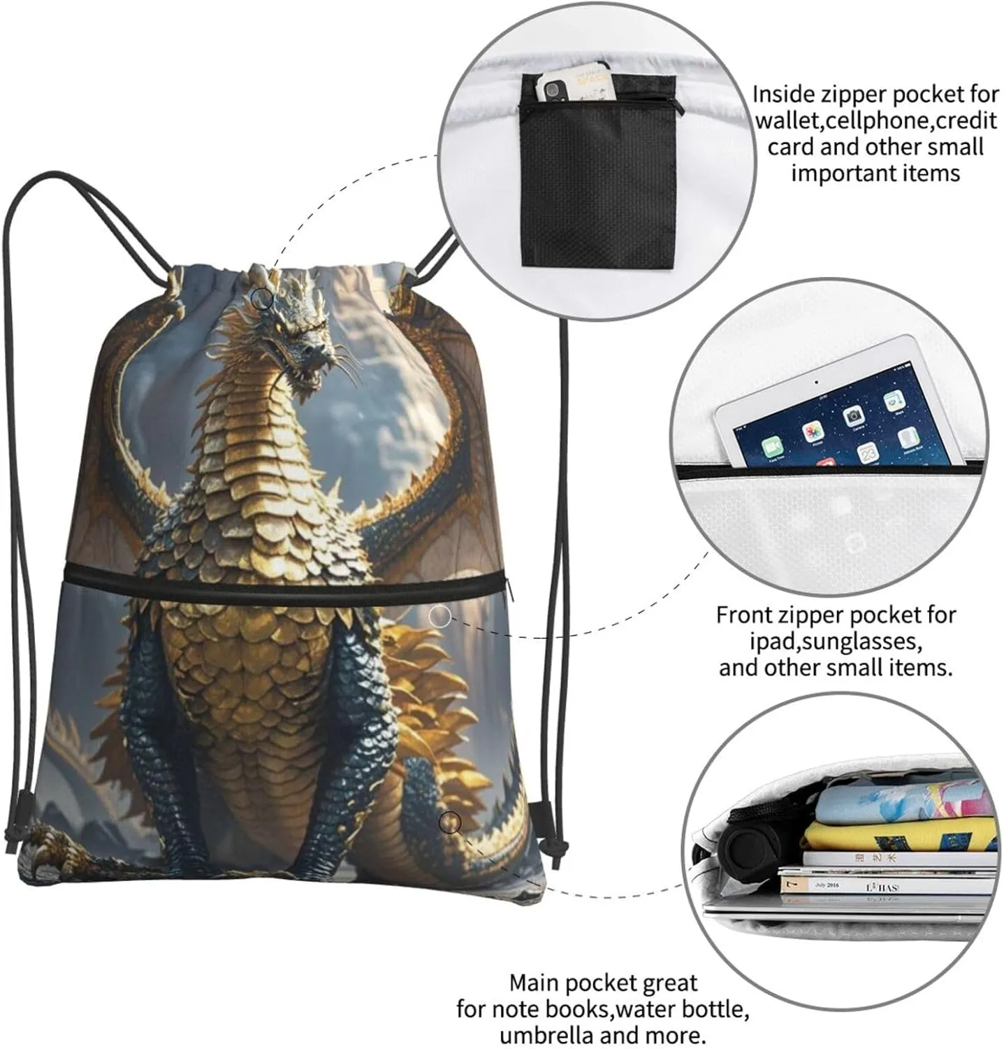 Drawstring Backpack Resistant Sackpack Dragon Purple Moon Sports Gym Bag String Bag for Women Men