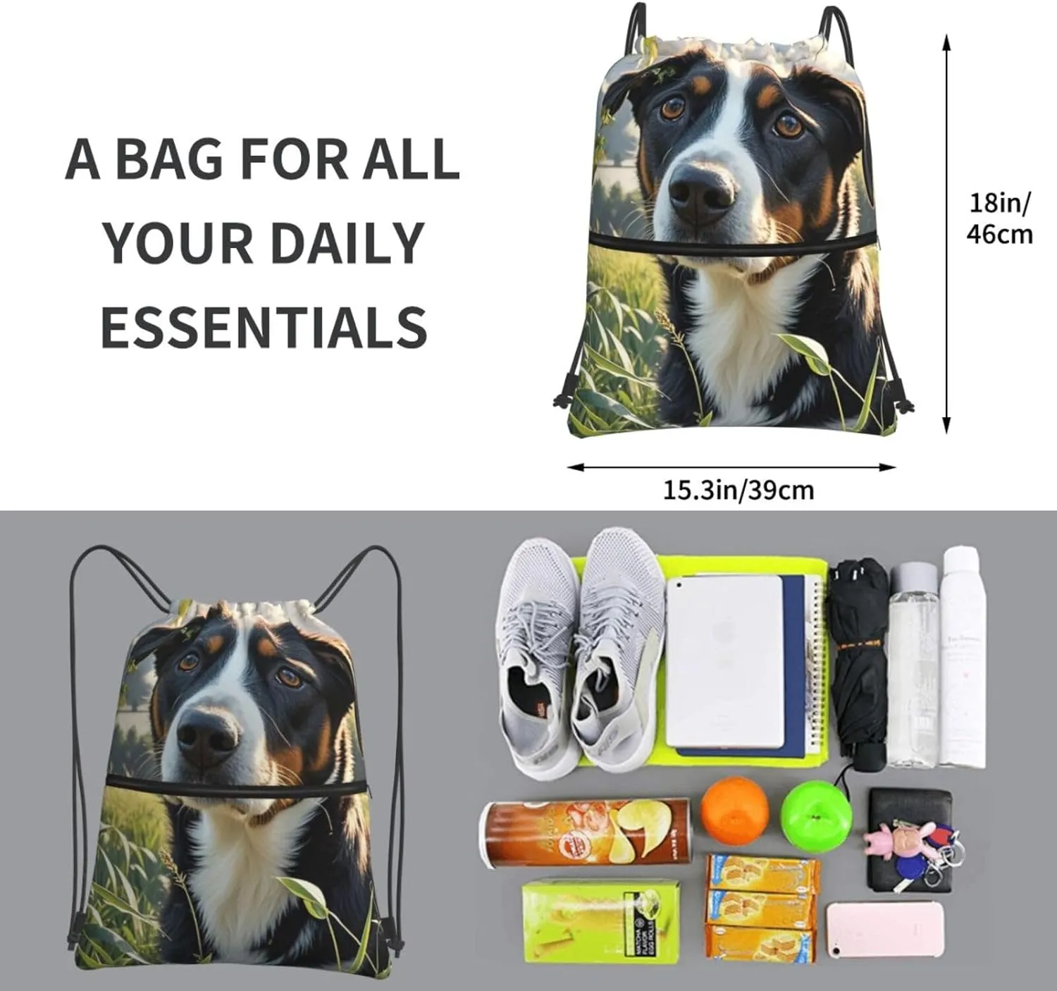Drawstring Backpack Sports Gym Bags Hyper Realistic Dog Drawstring Bags for Men Women Beach Bag String Bag