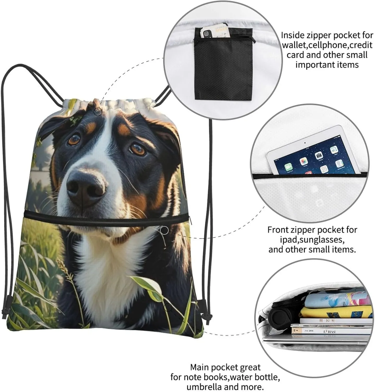 Drawstring Backpack Sports Gym Bags Hyper Realistic Dog Drawstring Bags for Men Women Beach Bag String Bag
