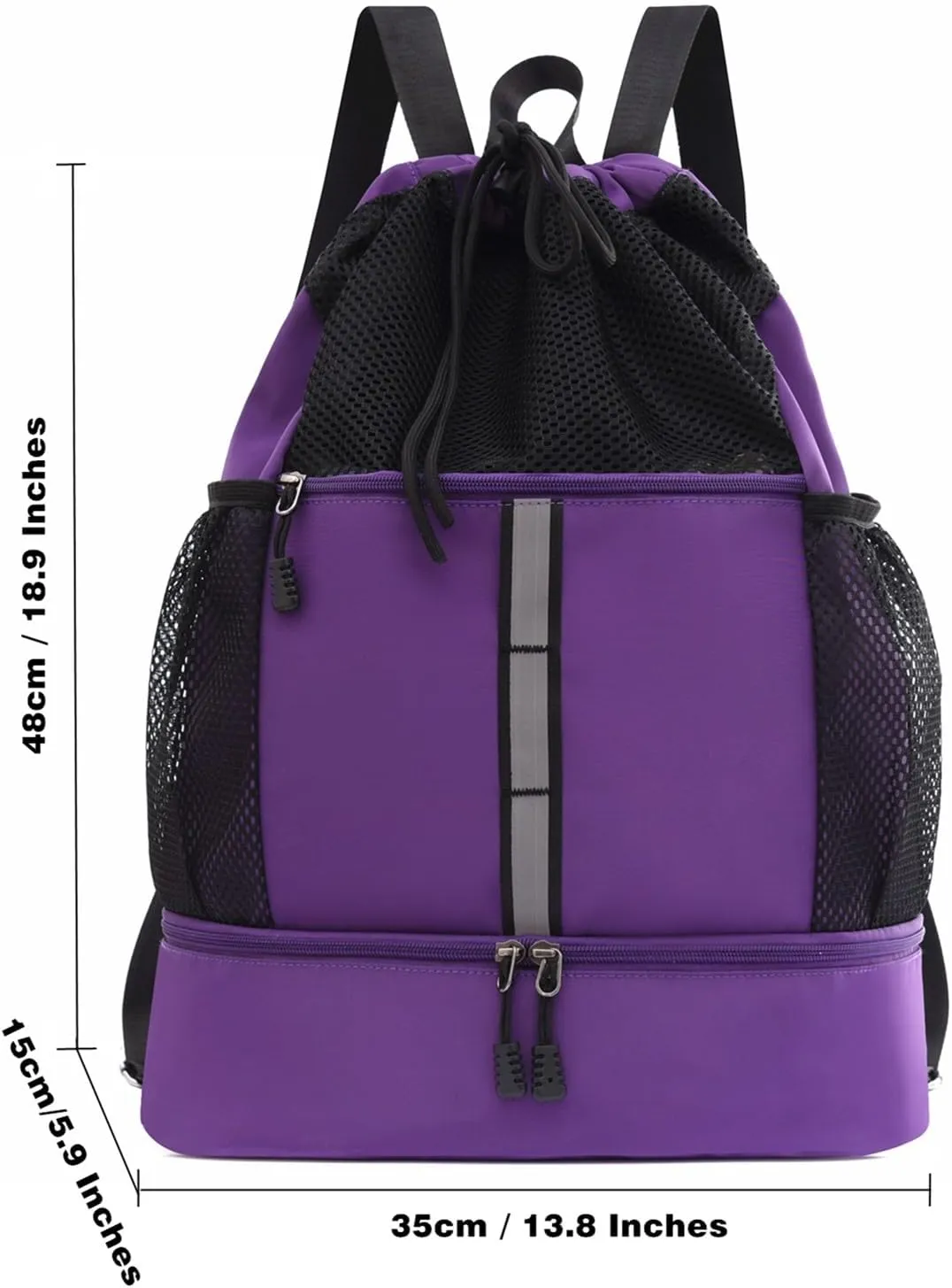Drawstring Backpack, Water Resistant Sports Gym Bag with Wet Pocket, Shoes Compartment and Water Bottle Holder Pockets, Mesh String Bag with Front Pocket, Swim Bag for Men Women Sports(Purple)
