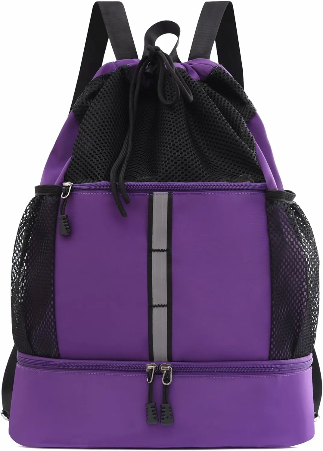 Drawstring Backpack, Water Resistant Sports Gym Bag with Wet Pocket, Shoes Compartment and Water Bottle Holder Pockets, Mesh String Bag with Front Pocket, Swim Bag for Men Women Sports(Purple)
