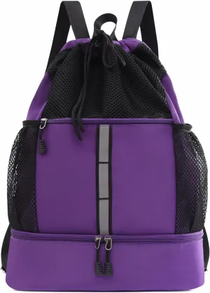 Drawstring Backpack, Water Resistant Sports Gym Bag with Wet Pocket, Shoes Compartment and Water Bottle Holder Pockets, Mesh String Bag with Front Pocket, Swim Bag for Men Women Sports(Purple)