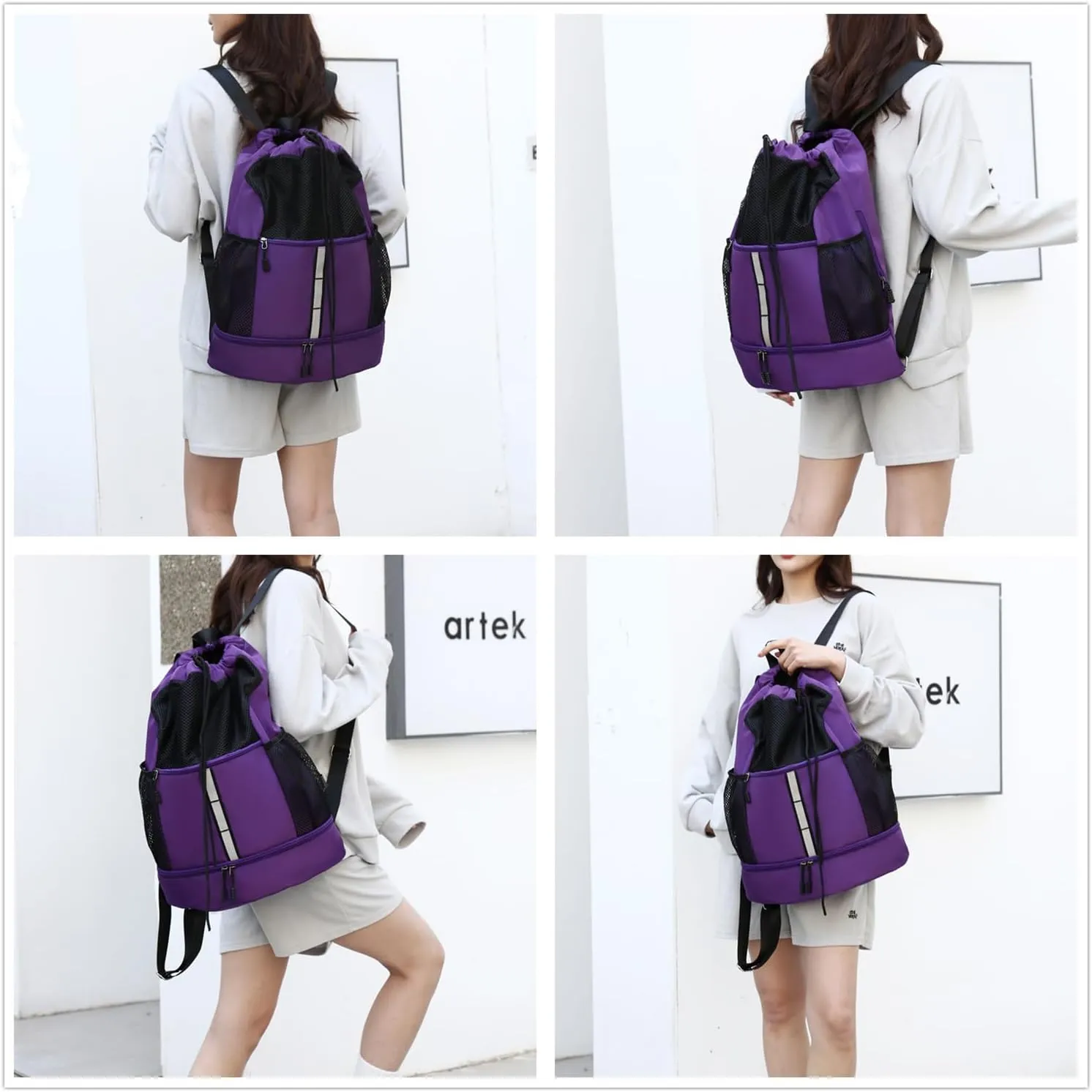Drawstring Backpack, Water Resistant Sports Gym Bag with Wet Pocket, Shoes Compartment and Water Bottle Holder Pockets, Mesh String Bag with Front Pocket, Swim Bag for Men Women Sports(Purple)