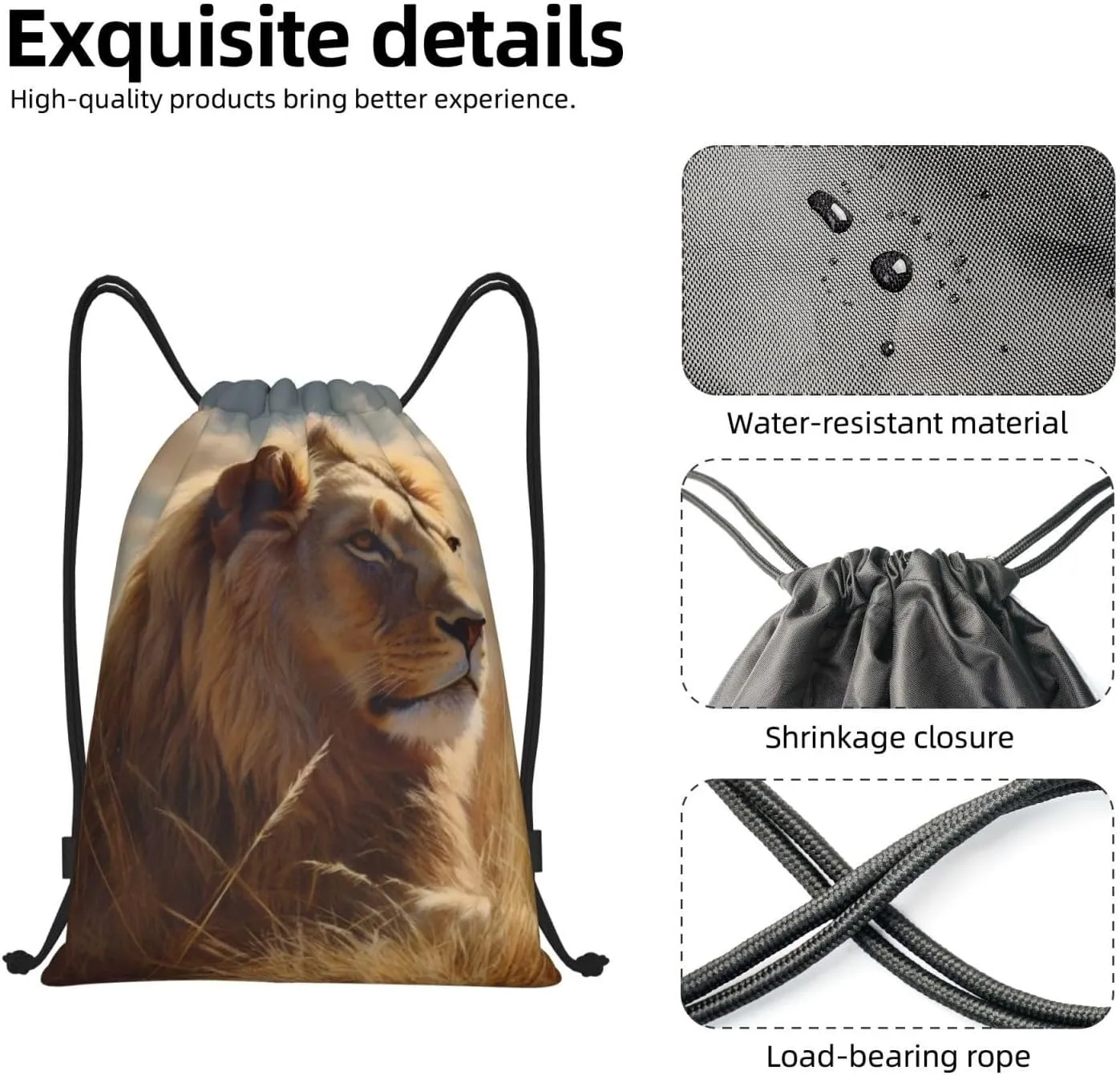 Drawstring Backpack Waterproof Drawstring Bags Prairie lion Cinch Bag Sackpack Sports Gym Bag, Black, M