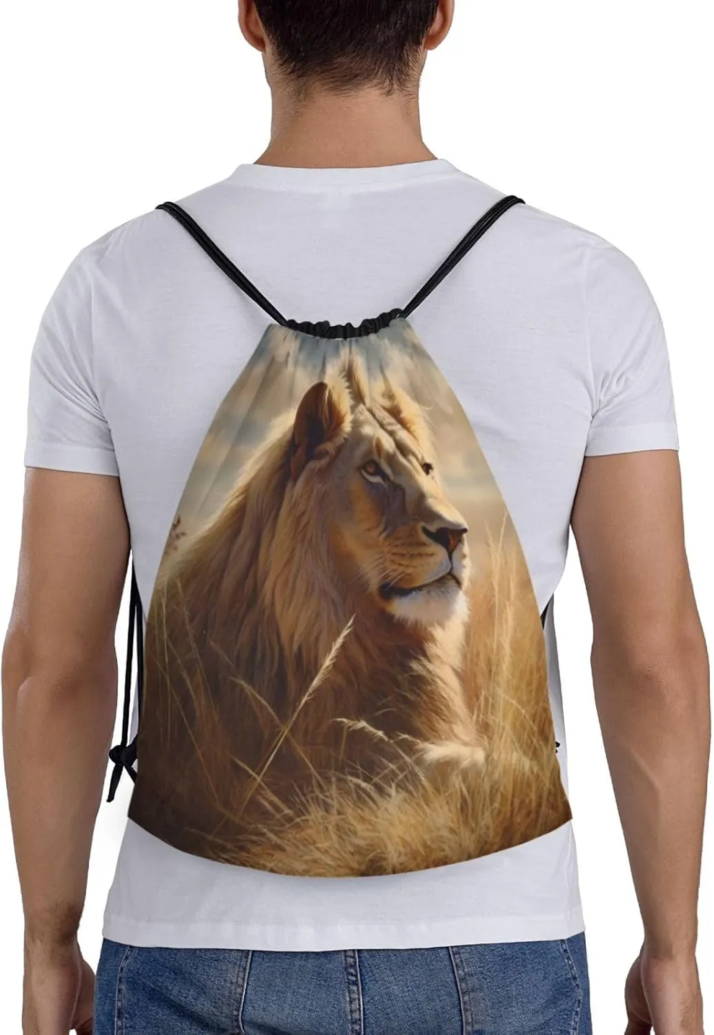 Drawstring Backpack Waterproof Drawstring Bags Prairie lion Cinch Bag Sackpack Sports Gym Bag, Black, M