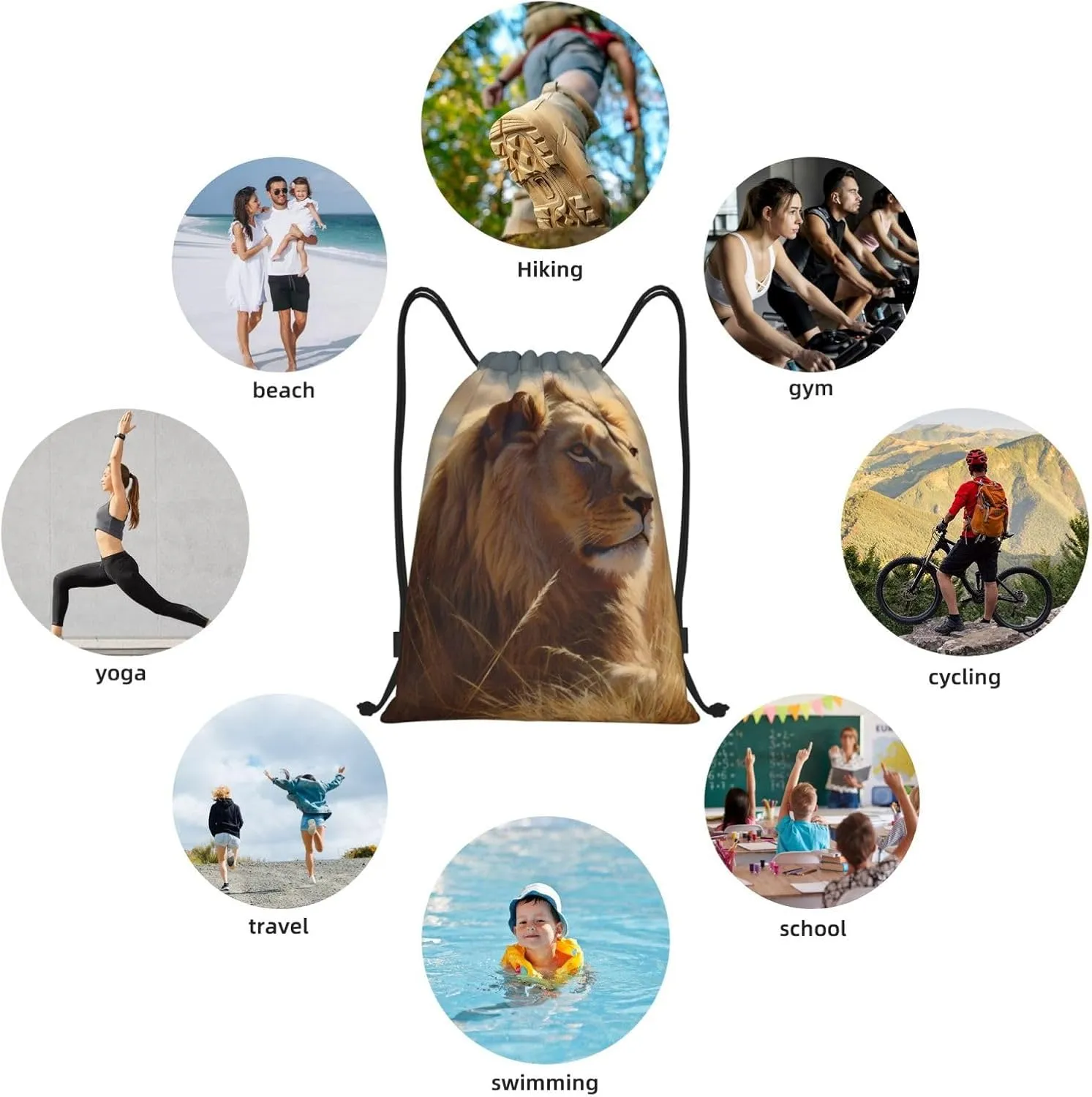 Drawstring Backpack Waterproof Drawstring Bags Prairie lion Cinch Bag Sackpack Sports Gym Bag, Black, M