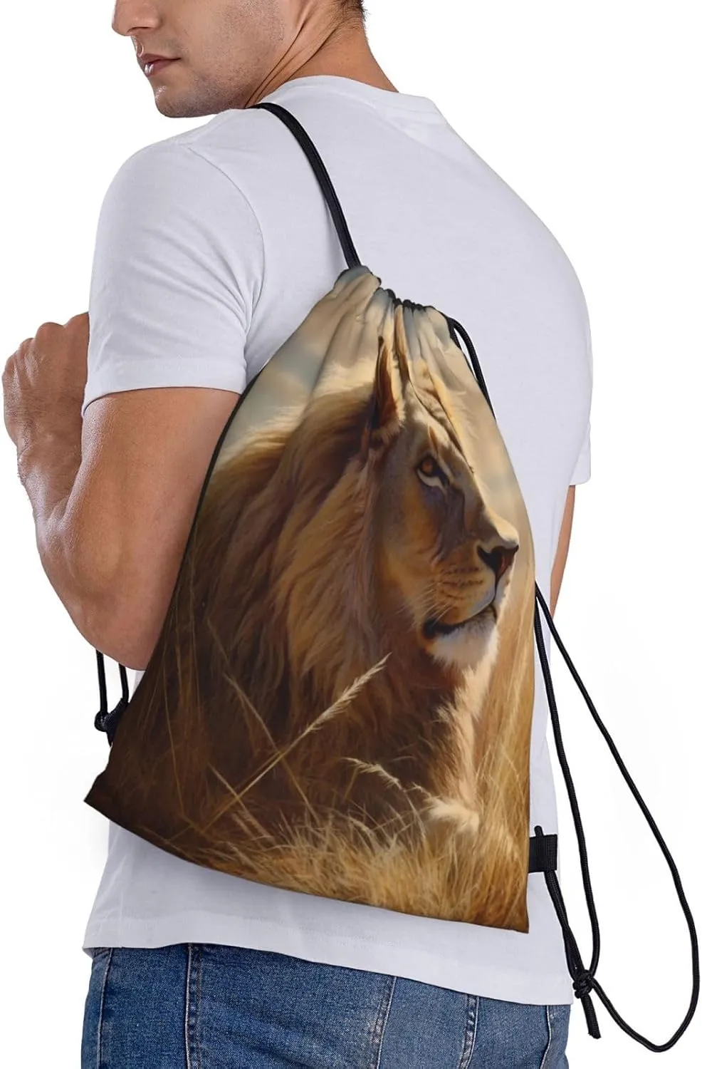 Drawstring Backpack Waterproof Drawstring Bags Prairie lion Cinch Bag Sackpack Sports Gym Bag, Black, M
