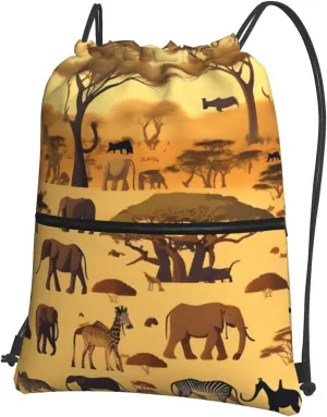 Drawstring Backpack with Zip Pockets, African grassland animals Print String Bag Lightweight Gym Sack, Hiking, Yoga