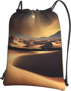 Drawstring Backpack with Zip Pockets, Sahara Desert Print String Bag Lightweight Gym Sack, Hiking, Yoga