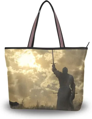 Dusk Knight Women Tote Bag with Zipper, Patterned Handbag Purse Reusable Grocery Bag L