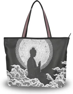 East Statue Women Tote Bag with Zipper, Patterned Handbag Purse Reusable Grocery Bag Large
