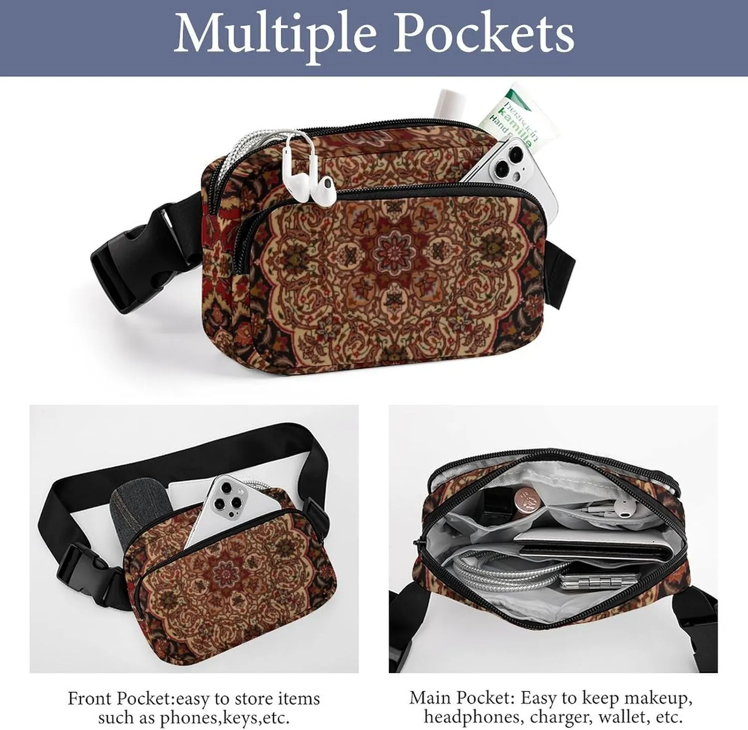 Eastern Accent Vintage Persian Pattern Large Capacity Portable All Print Waist Bag