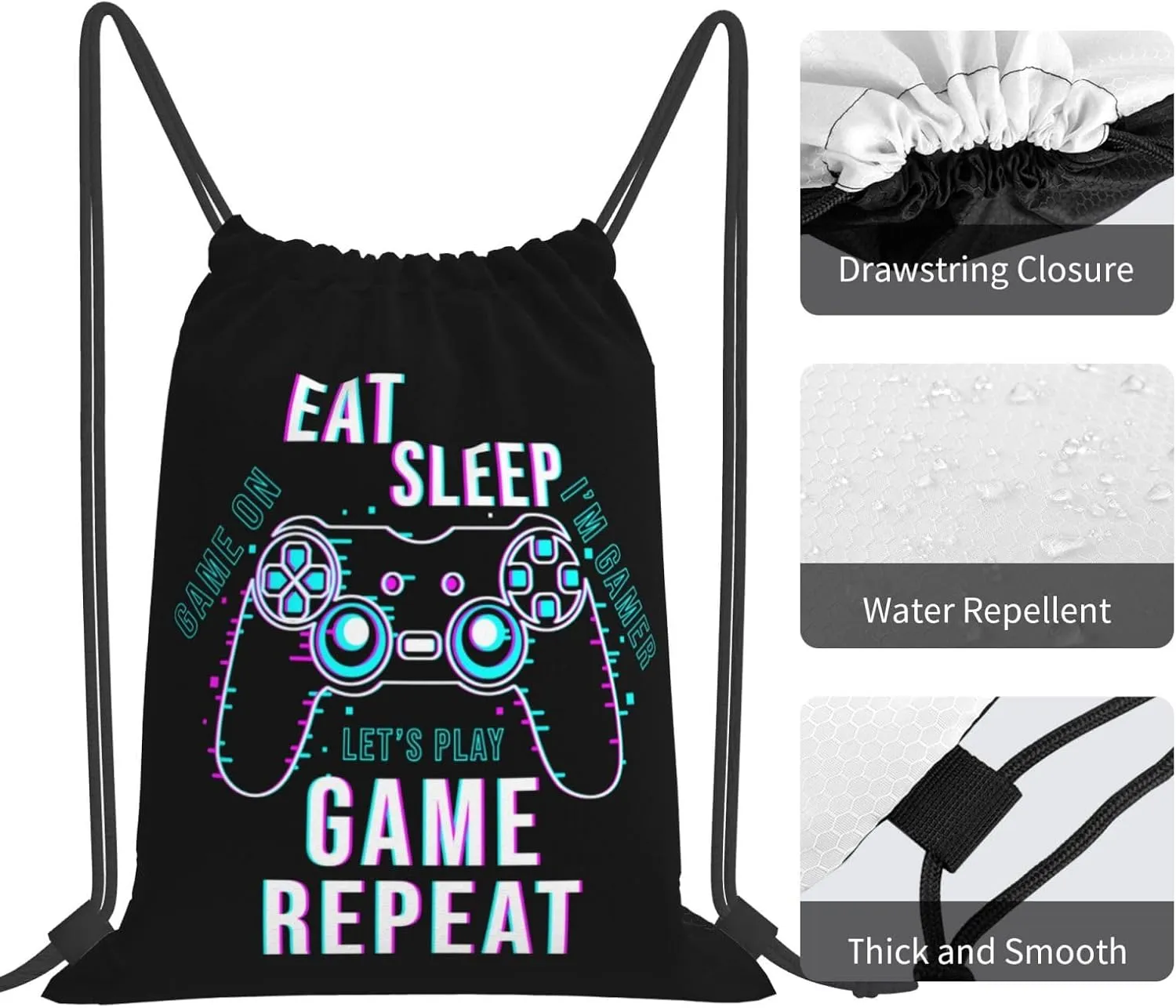 Eat Sleep Game Repeat Unisex Drawstring Backpack Bag Sport Gym Swim Travel Sackpack