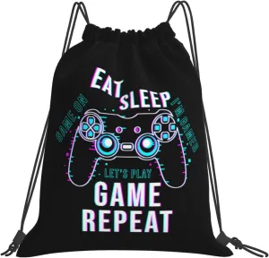 Eat Sleep Game Repeat Unisex Drawstring Backpack Bag Sport Gym Swim Travel Sackpack