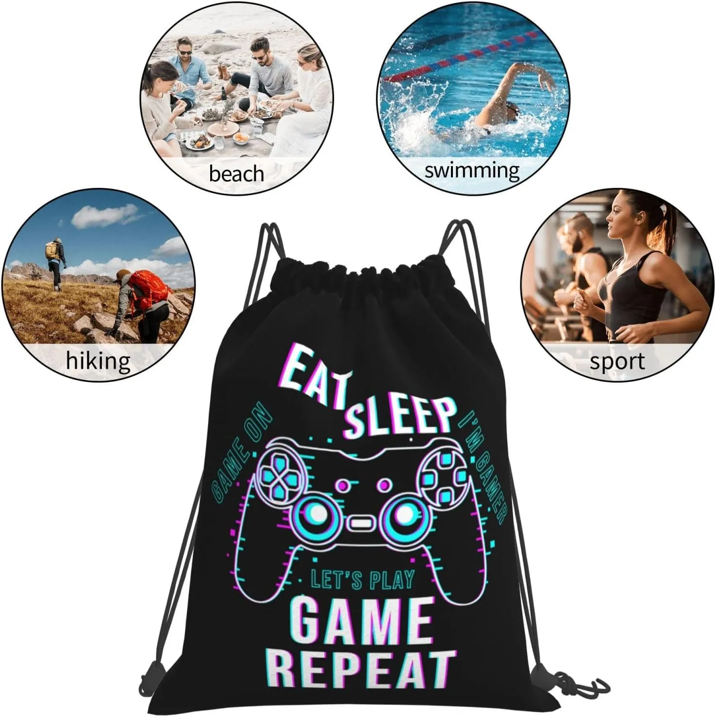 Eat Sleep Game Repeat Unisex Drawstring Backpack Bag Sport Gym Swim Travel Sackpack