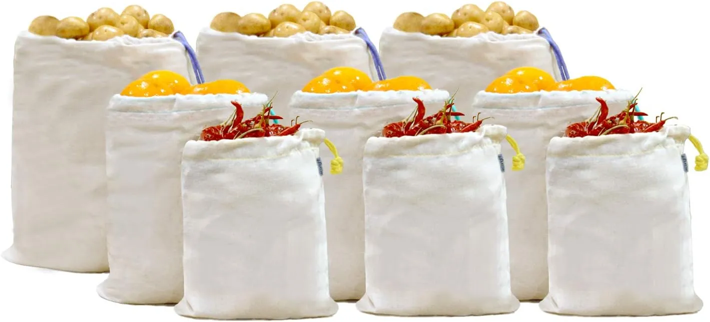 Eco-Friendly Reusable Grocery Bags, Organic Cotton Produce Bags, Set of 9