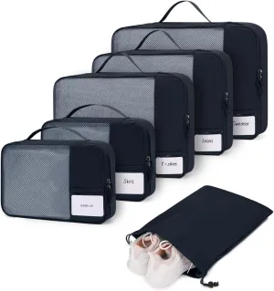 ECOHUB 6 Set Packing Cubes for Travel Durable Suitcase Organizer Bags Set with Personalized Tag Travel Essentials with Shoe Bag Traveling Accessories for Luggage Machine Washable, Dark Blue