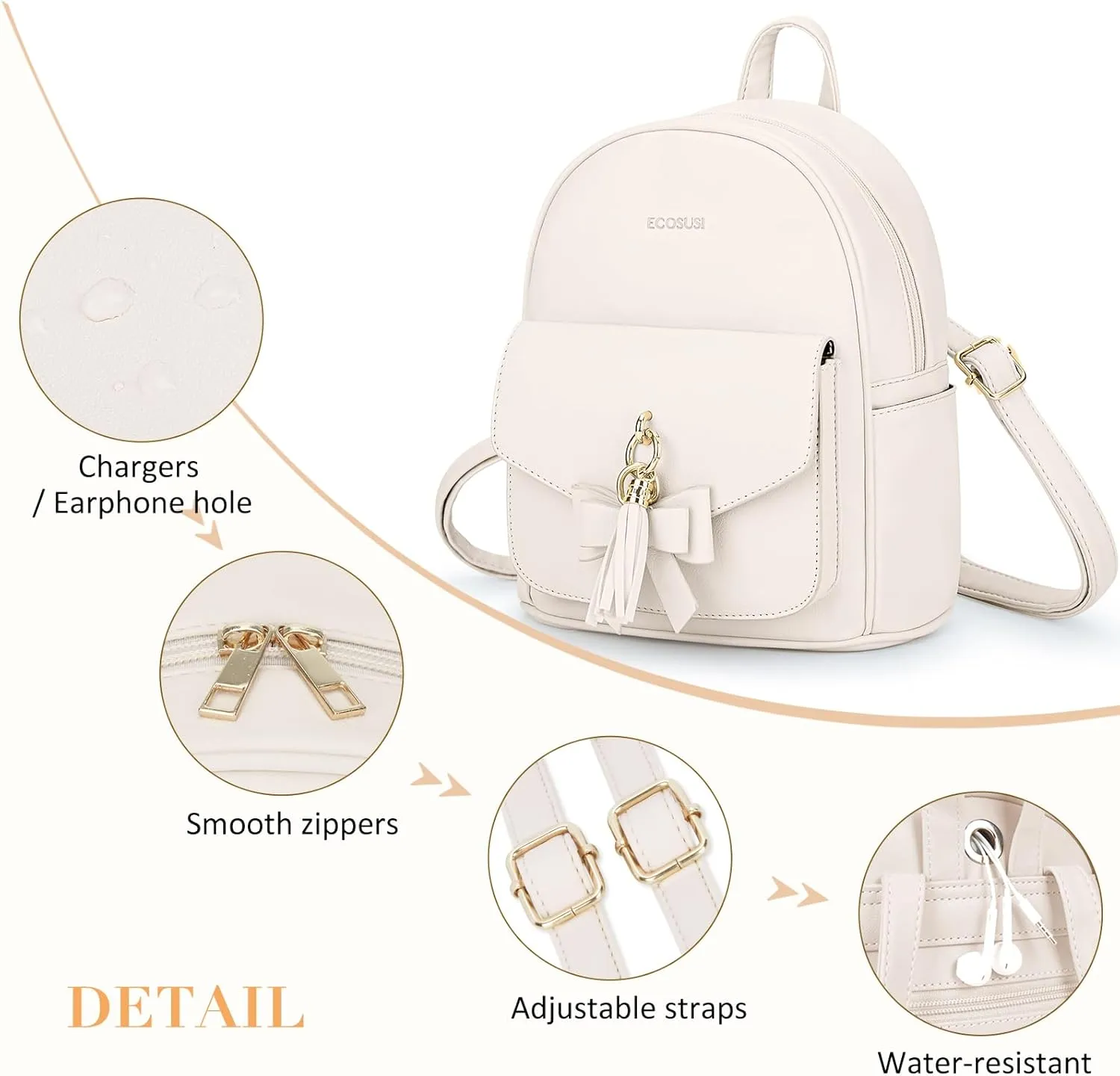 ECOSUSI Mini Backpack for Women Girls Cute Bowknot Small Backpack Purse Ladies Leather Bookbag Satchel Bag, with Charm Tassel