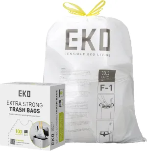 EKO 8 Gallon Trash Bags Drawstring 1.2 Mil - 80 Count White Medium Garbage Bags Unscented, 30 Liter Plastic Kitchen Trash Bags with Easy-Dispense, Code F-1