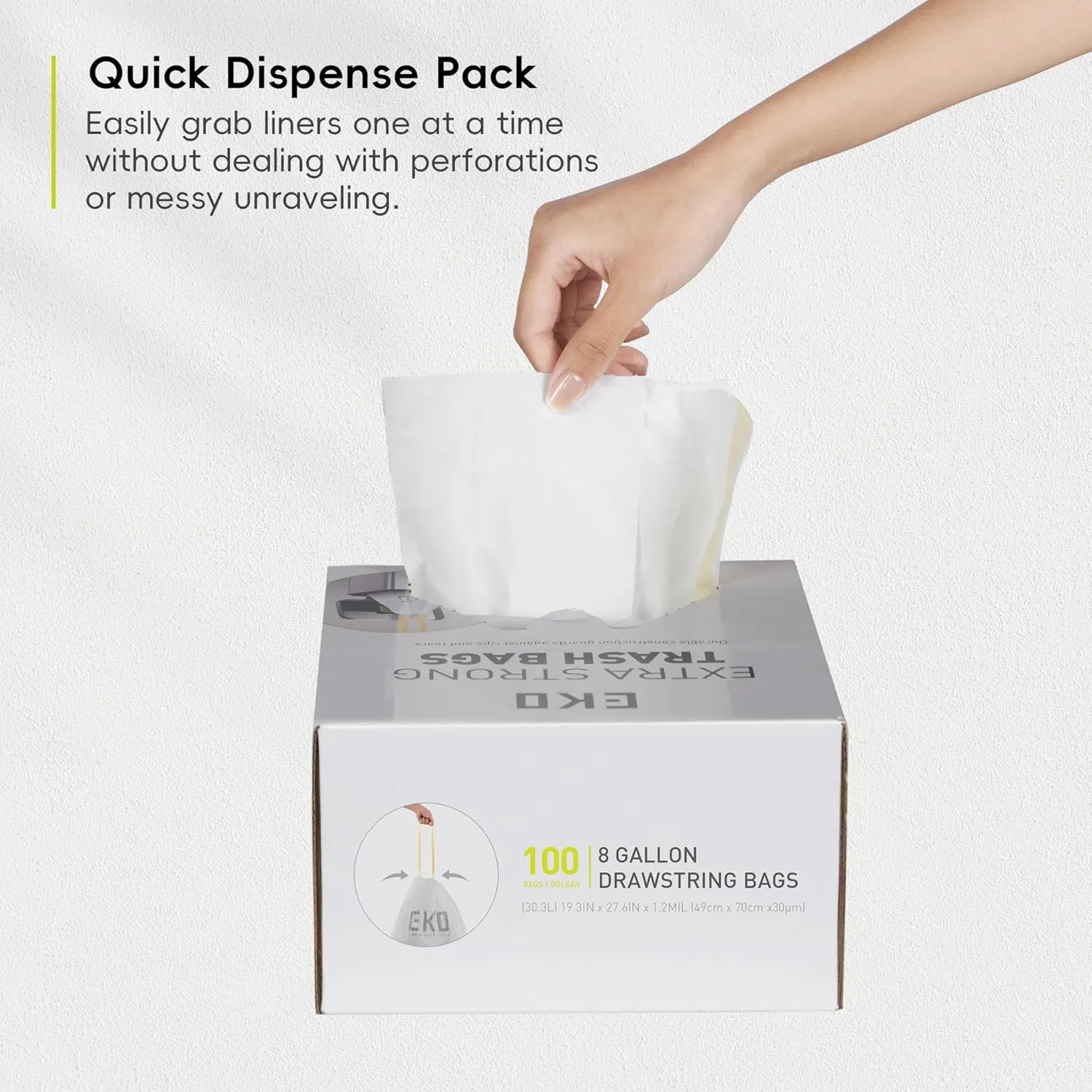 EKO 8 Gallon Trash Bags Drawstring 1.2 Mil - 80 Count White Medium Garbage Bags Unscented, 30 Liter Plastic Kitchen Trash Bags with Easy-Dispense, Code F-1