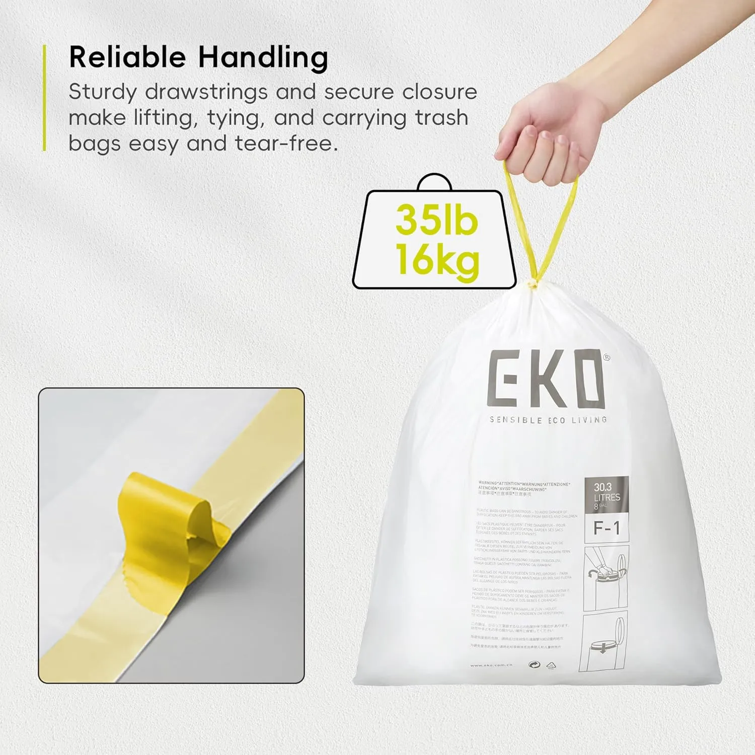 EKO 8 Gallon Trash Bags Drawstring 1.2 Mil - 80 Count White Medium Garbage Bags Unscented, 30 Liter Plastic Kitchen Trash Bags with Easy-Dispense, Code F-1