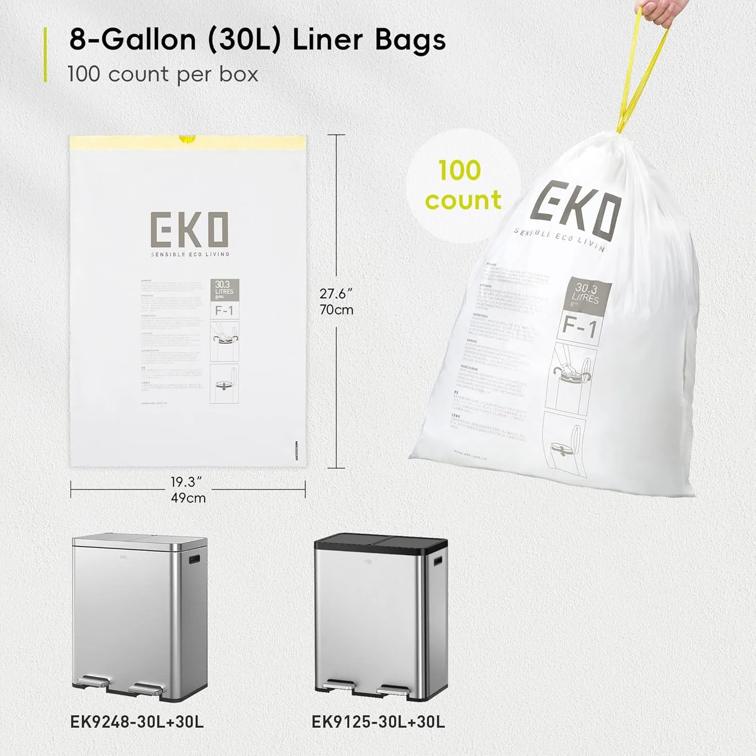 EKO 8 Gallon Trash Bags Drawstring 1.2 Mil - 80 Count White Medium Garbage Bags Unscented, 30 Liter Plastic Kitchen Trash Bags with Easy-Dispense, Code F-1