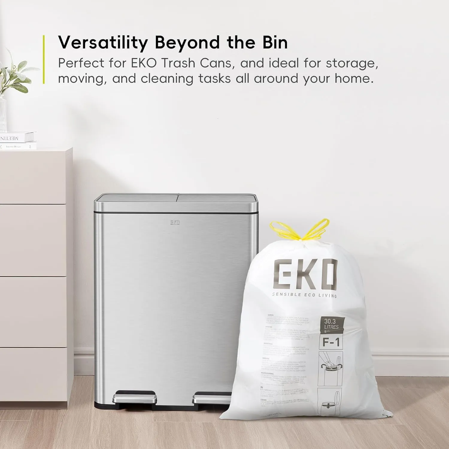 EKO 8 Gallon Trash Bags Drawstring 1.2 Mil - 80 Count White Medium Garbage Bags Unscented, 30 Liter Plastic Kitchen Trash Bags with Easy-Dispense, Code F-1